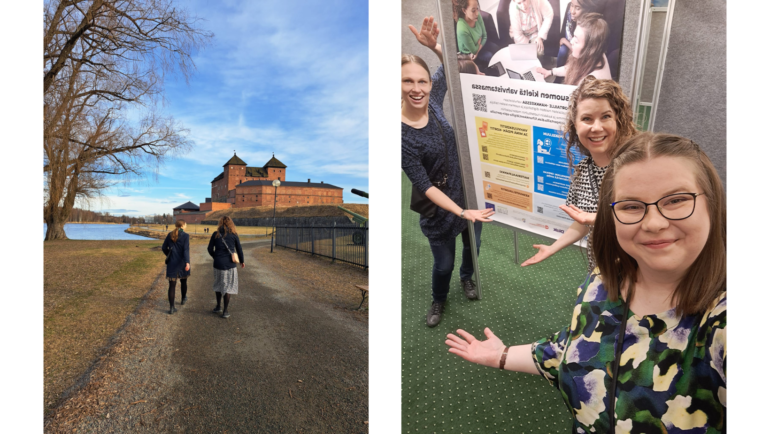 Kuvakollaasi: maisemakuva Hämeen linnasta ja kävelijöistä. Toisessa kuvassa hanketiimi esittelee iloisena hankkeesta tehtyä posteria